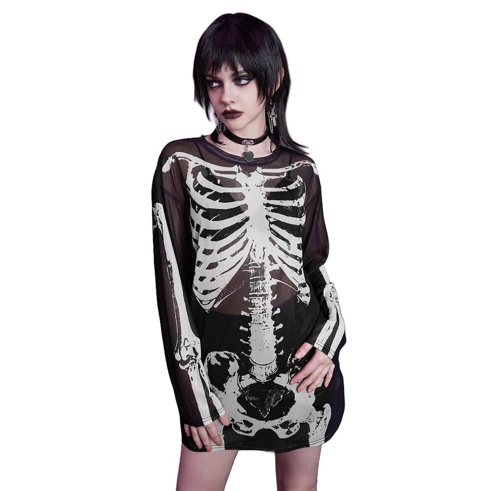 8204 Halloween Sheer Skeleton Shirt Mesh Black See Through Top Rave Outfits
